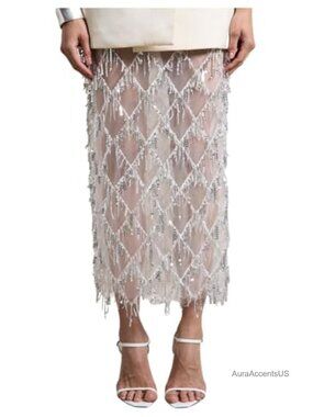 Sequin Maxi Skirt with Fringe, Sparkly Sheer Glitter Pencil Long Skirt